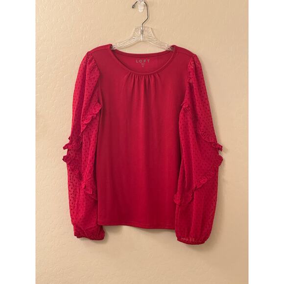 Loft Red Blouse Sheer Polka Dot Long Sleeve Size Medium - Picture 6 of 10